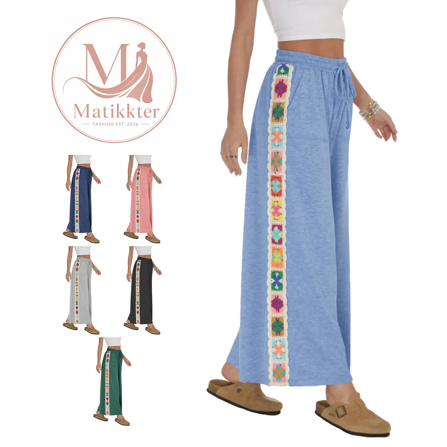 Matikkter Women's Comfortable Wide Leg Lounge Pants, Casual Stretchy Bottoms with a Drawstring Waist, Crochet Panel & Pockets