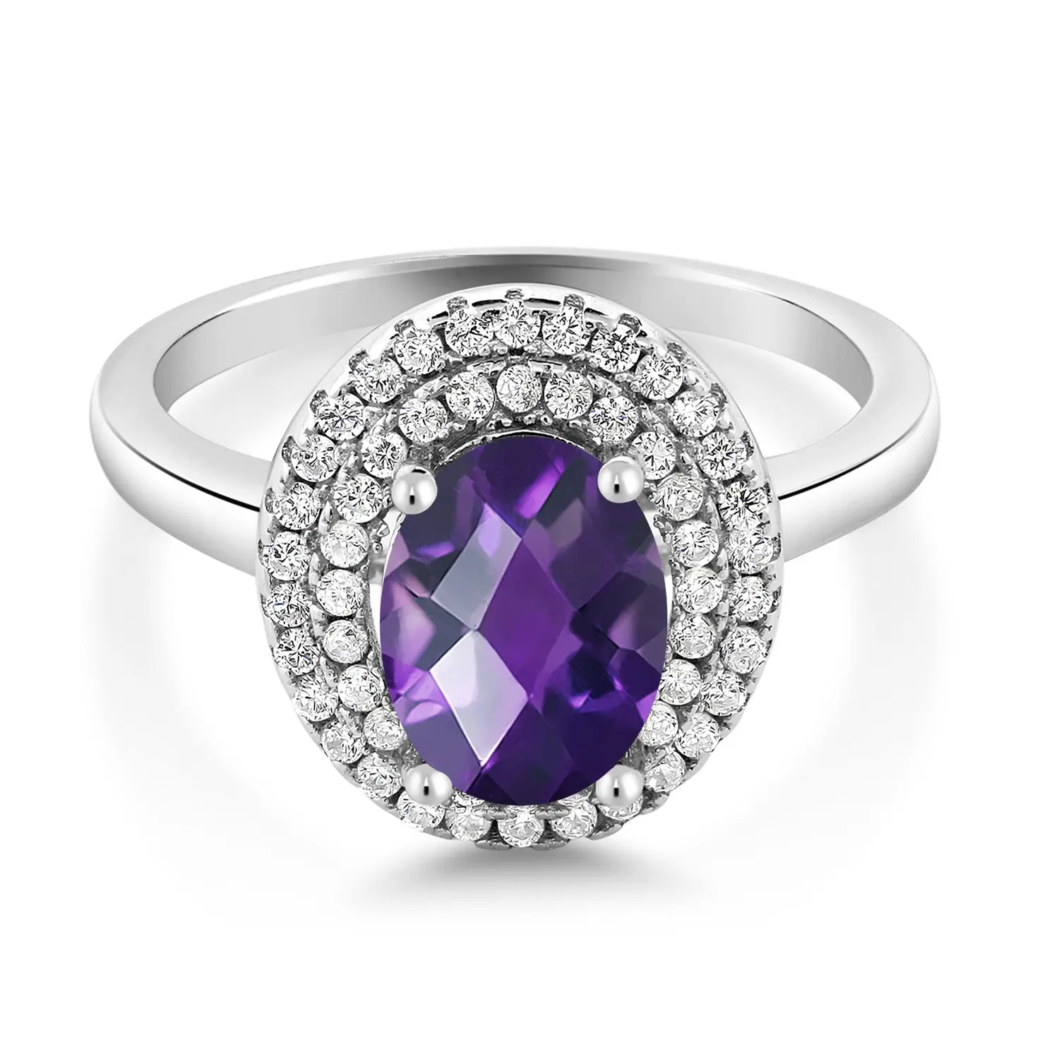 Gem Stone King 925 Sterling Silver 8X6MM Oval Gemstone Birthstone Double Halo Engagement Ring | Wedding Anniversary Promise Ring For Women | Size 5,6,7,8,9