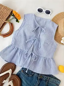 Women's Striped Print Tie Front Tank Top Top for Summer, Ladies Clothes for Daily Wear, Drawstring Ruched Cami, Casual Sleeveless Top, Womenswear