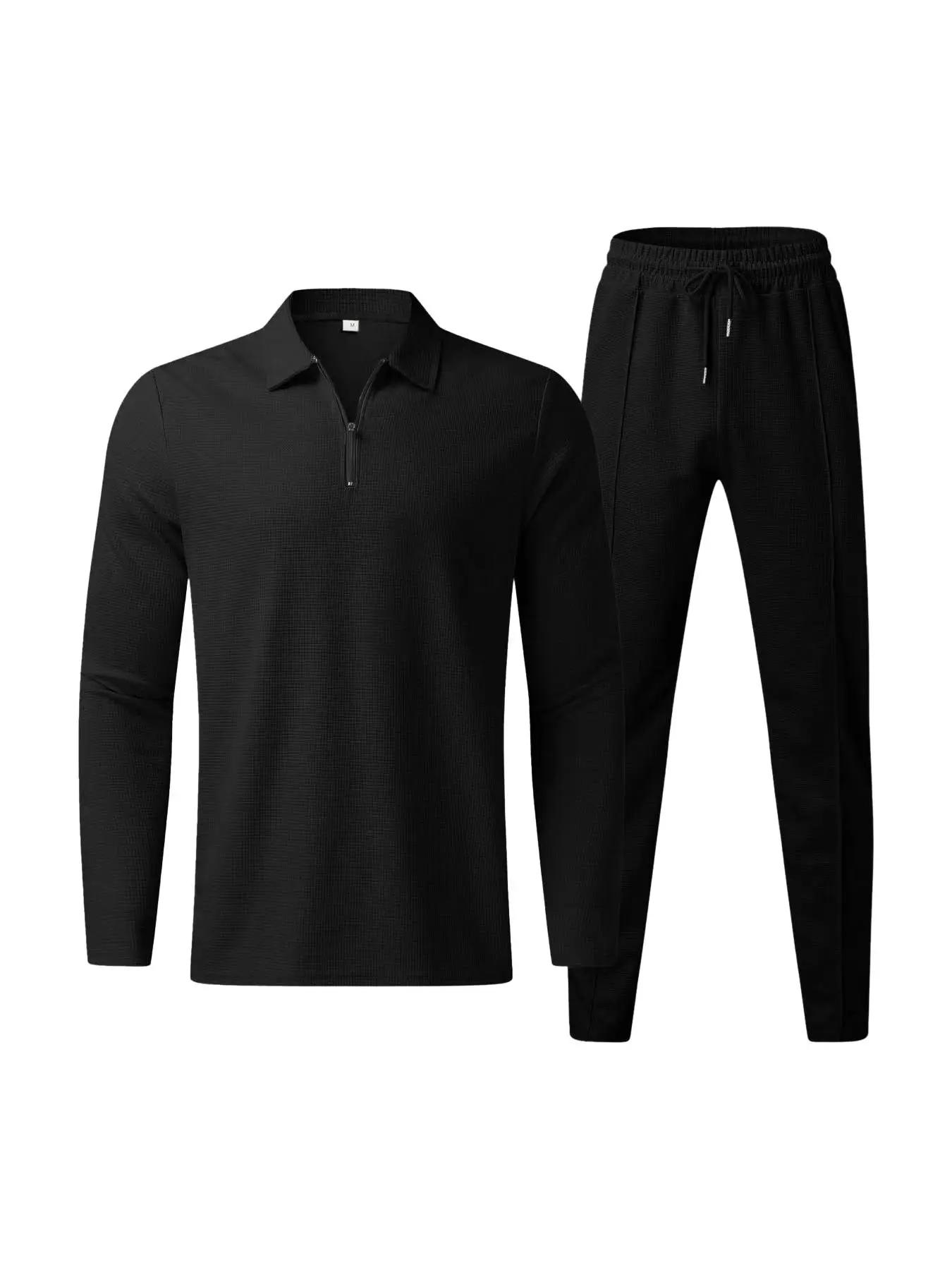 Men's Solid Half Zipper Collared Polo Shirt & Drawstring Pants Set, Casual Textured Long Sleeve Top & Trousers for Spring & Fall, Men's Two-Piece Outf