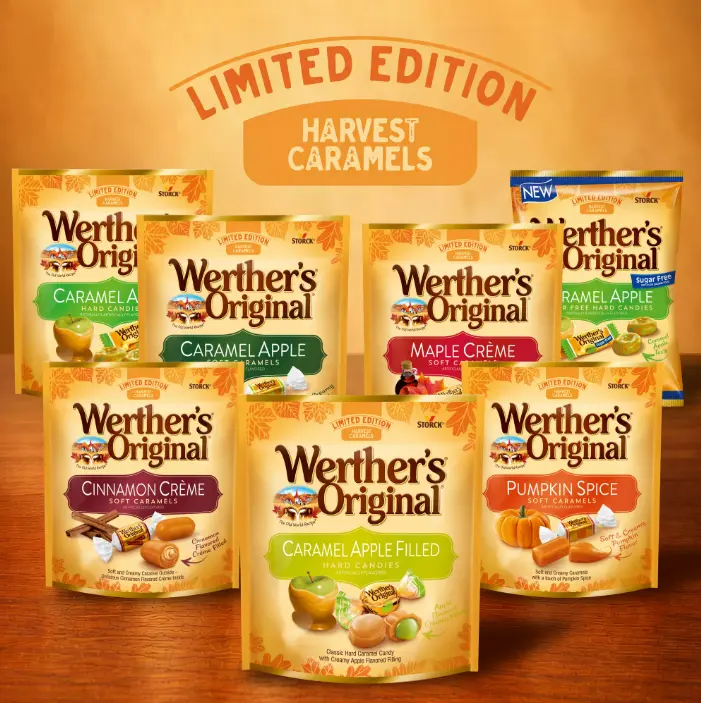 Werther's Limit Edition: Maple Creme, Pumpkin Spice, Cinnamon Creme, Caramel Hard Candies, Caramel Soft Apple, Caramel Apple Filled, Caramel Apple Sugar Free