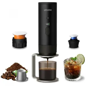 LIOUOU 3-in-1 Portable Espresso Maker, 15 Bar Auto-Heating Coffee Machine with LED Display, Compatible withGround Coffee & NS DG Capsules, Ideal for Car & Camping Use