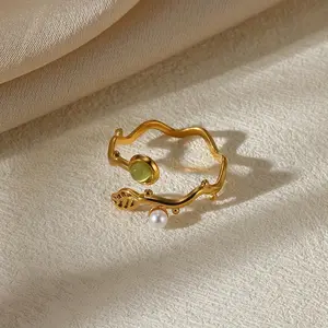 Stainless Steel Faux Pearl Leaf Open Ring - Festival Style Rings, Easy-to-Wear Stylish Bohemian Costume Jewelry, Ideal for Everyday Wear and Holiday Gifting