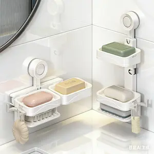 Soap Dish Holder for Shower Suction Cup Wall Mounted Self Draining NO Drilling Removable Bar Soap Sponge Holder for Bathroom Bathtub Kitchen Sink Waterproof Strong Vacuum Suction Adhesion Installation Set 2 Layer Design Drawer Shelf Stainless