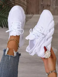 Women's 2026 Spring Summer New Arrival White Knit Sneakers — Cloud-Like Cushion Thick Sole Lace-Up Walking Shoes with Mountaincore Style, Lightweight & Non-Slip for Hiking Trails, City Streets & Daily Comfort, Fashionable Sneakers