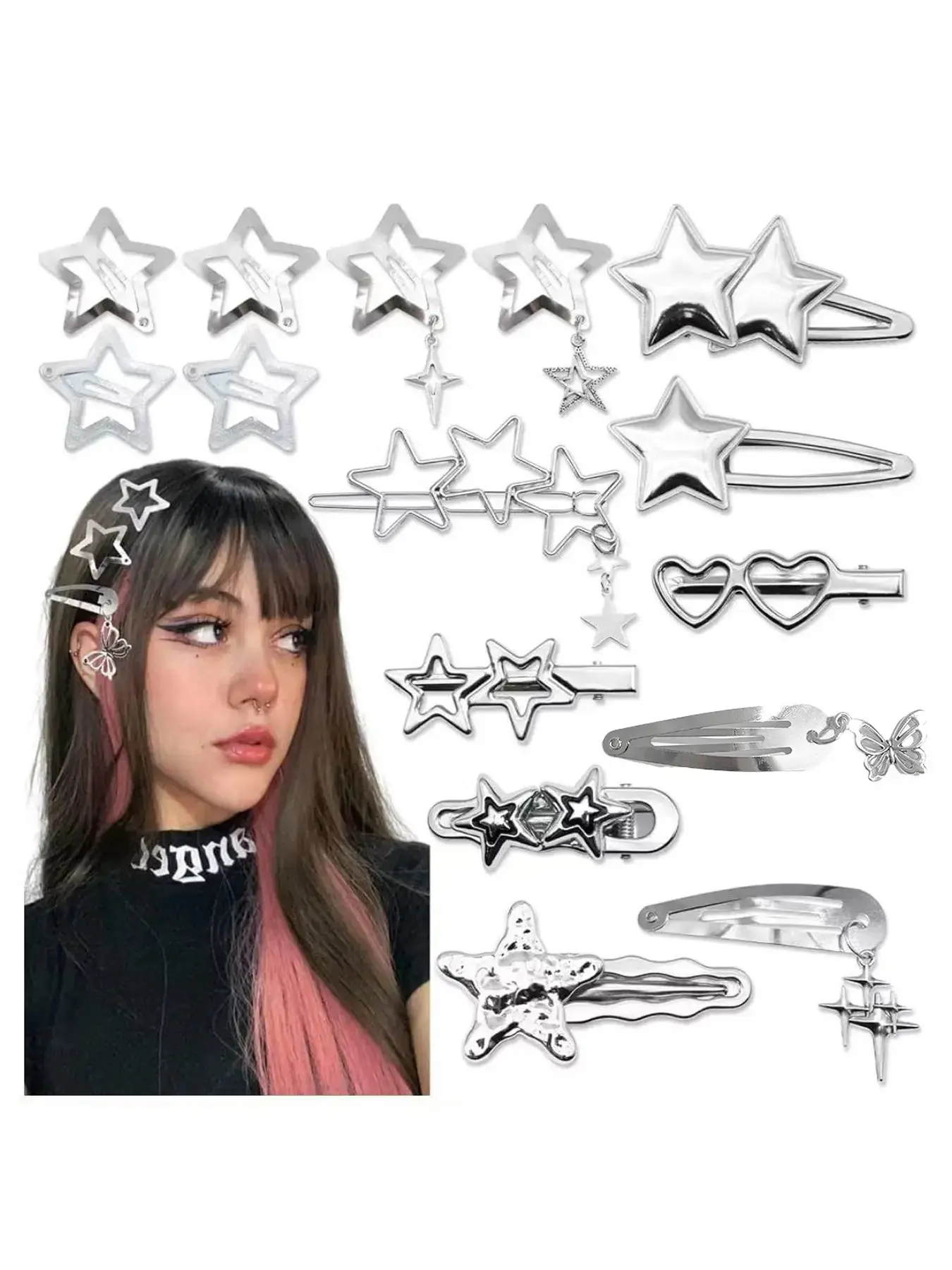 Y2K Star Hair Clips Set, Silver Color Snap Non-Slip Design, Perfect for Party & Music Festivals, 15/18/20pcs Metal Barrettes Hairpins Fashion Hair Accessories, Super Cute Clips, Hair Decor, Hairclips