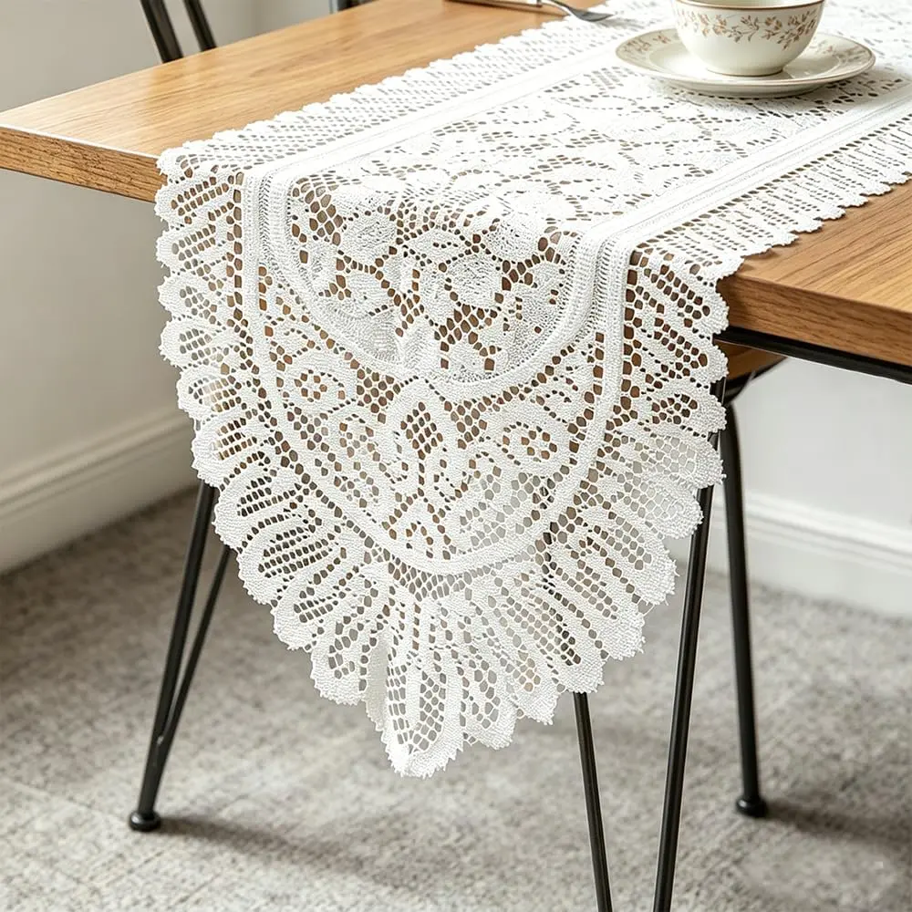 2 Pack Cotton Crochet Lace Rectangular Table Runner Dresser Scarf Doilies (White Style, 13" X 44")