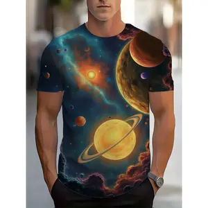 Men's Polyester 3D Cosmic Space Galaxy T-Shirt - Colorful Sun, Planets, Nebulae Graphic, Short-Sleeve Round Neck Stylish Casual Menswear Top for Summer Outdoor Wear, Tshirt