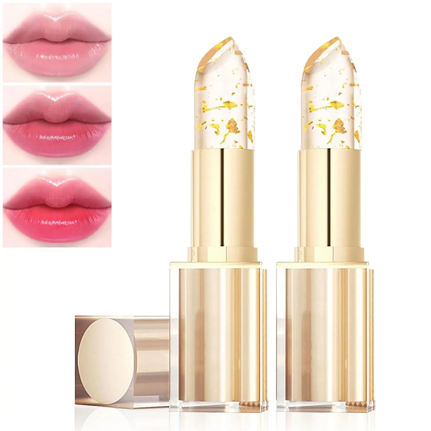 Transferproof Color Changing Lipstick, Clear Gold Crystal Colors Changing Lipsticks, Deep Nourishment Formula, Long Lasting Moisturizing Glossy Shine Clear Lip Color for Women