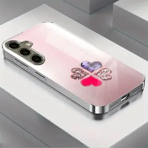 Sweet Four-Leaf Clover Pattern Electroplated Glass Phone Case Cover for Samsung S25-S20, Note20-Note10, a Series, Anti-Drop, Business Style