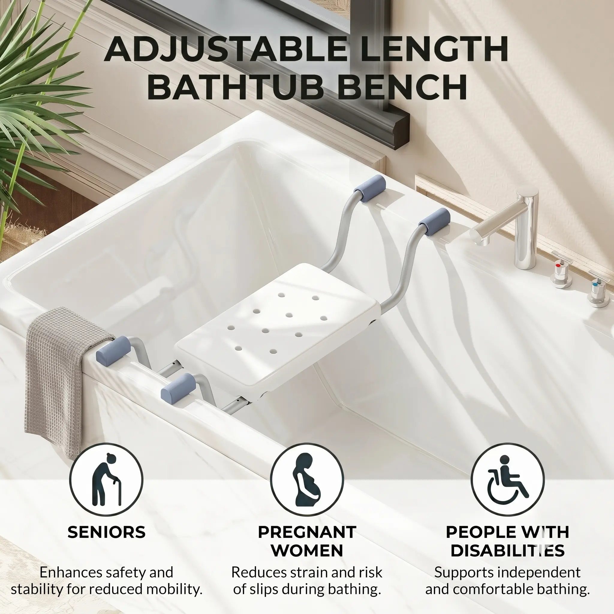 White Aluminium Suspended Bath Stool 28.35-32.28inch Retractable Plank Lightweight Bathtub Seat Shower Stool in Bathtub Adjustable Safety Seat Anti-slip Bath Chair Suitable for Elderly Persons with Disabilities Injured Weaker