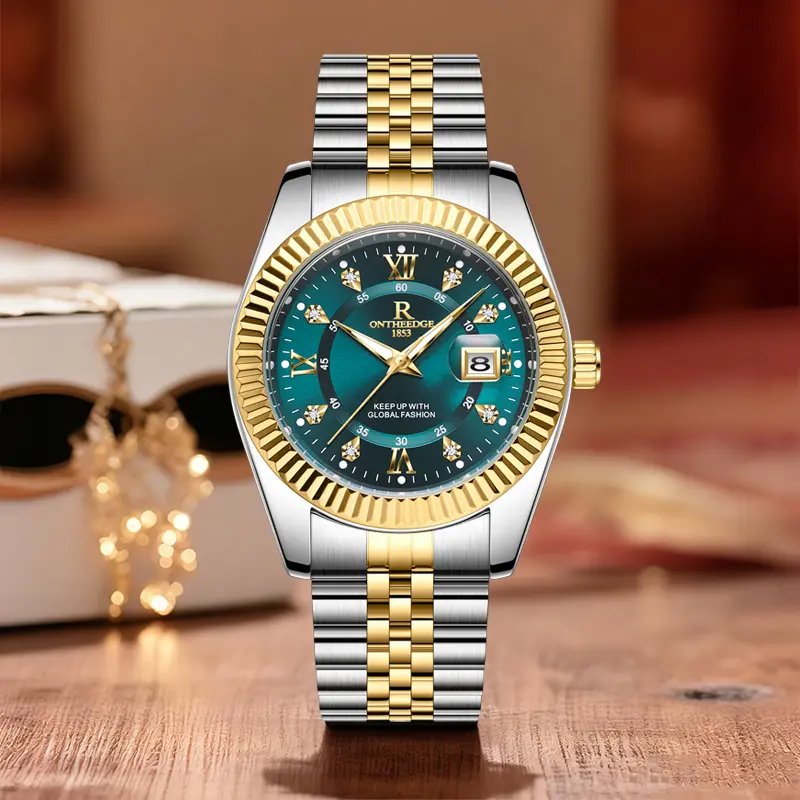 Men’s Luxury Business Quartz Watch, Fluted Gold Bezel Watch Bangle, Rhinestone Inlaid Green Dial with Magnified Date Window, Luminous Waterproof Vintage Big Watch for Male, Prestige Success Accessory, Exclusive Watch Store Holiday Gift Watch Deals