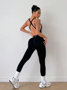 Women's All-Season Sporty Jumpsuit, Yoga Jumpsuits, Workout Jumpsuits, Ruched Sports Jumpsuit, Plain Ruched Design, Slim-Fitting Below-The-Ankle Pants, Ideal for Yoga & Fitness