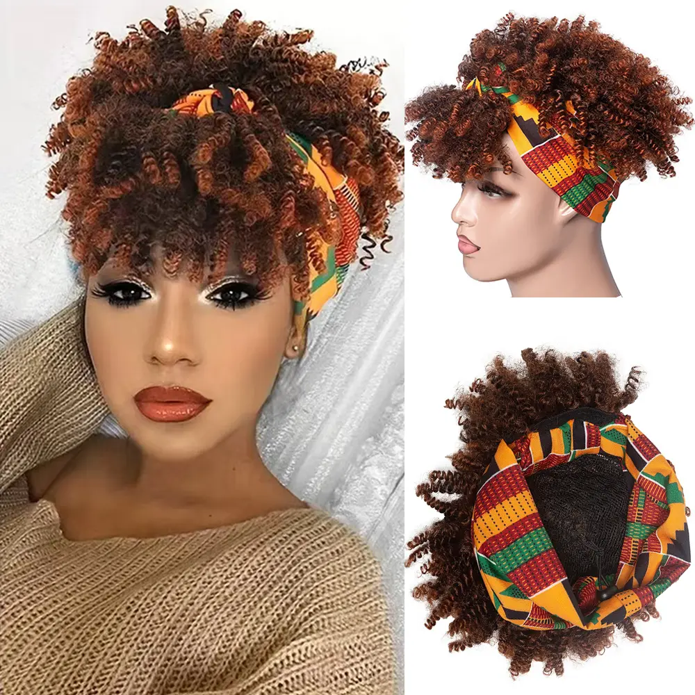 Tightly Coiled Short Headscarf Wig Synthetic Fiber Voluminous African Curls 8-Inch High Curl Headband with Scarf Integrated Wig Women's Style
