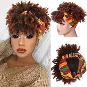 Tightly Coiled Short Headscarf Wig Synthetic Fiber Voluminous African Curls 8-Inch High Curl Headband with Scarf Integrated Wig Women's Style
