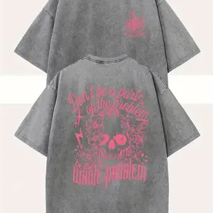 Unisex Oversized Graphic Tee - Heavyweight Washed Cotton with Skull & Floral Back Print, Pink & Black, Relaxed Fit for Summer Festivals, Concerts & Unique Gifts | Vintage Streetwear Style Casual Crewneck