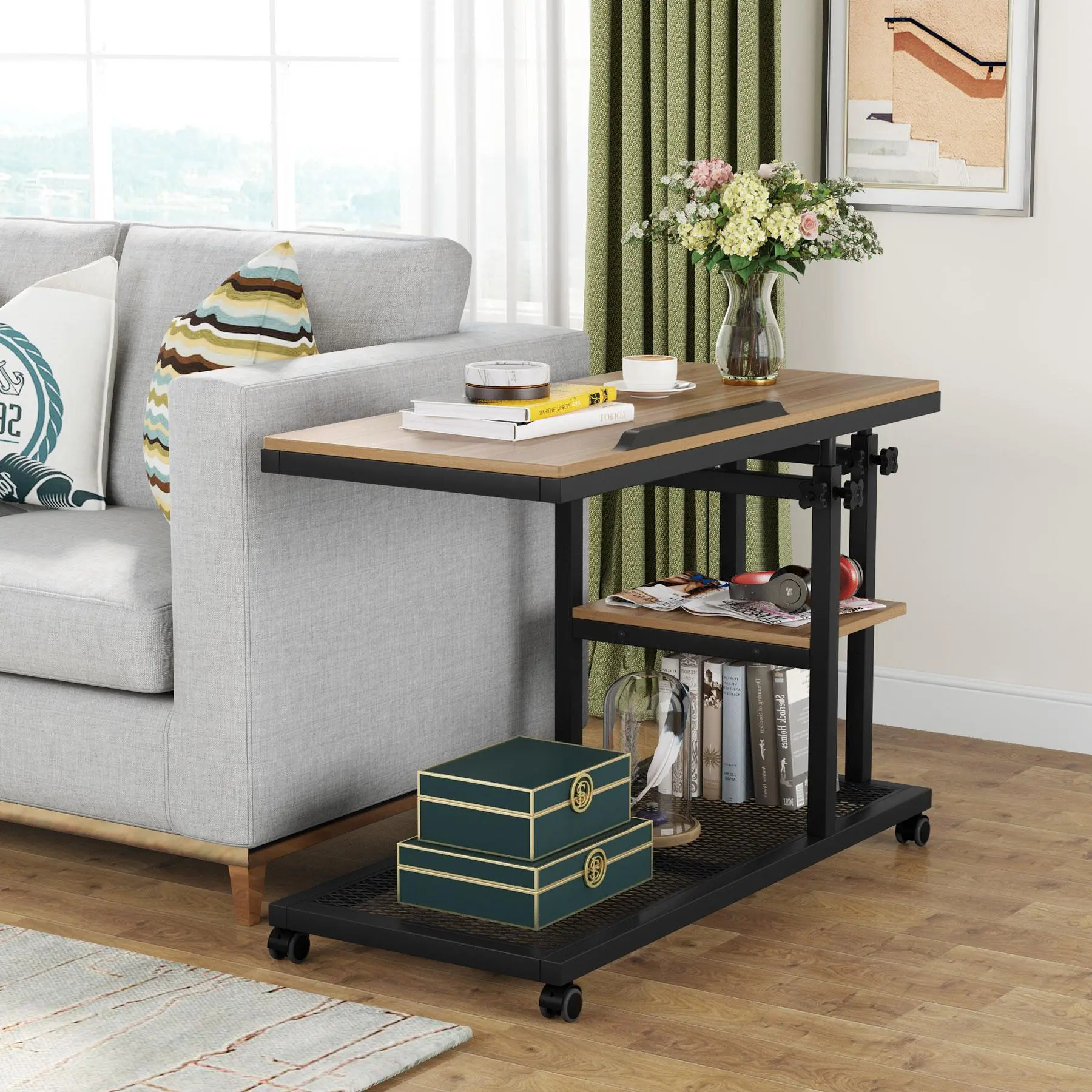 TRIBEWOOD C-Shaped Snack Metal Table - 26 to 34.5 Inch Height-Adjustable Mobile with Wheels, Tiltable Drawing Board, Storage Shelves, E1 High Grade Particle Board, Assembly Required (Couch Side Laptop Stand)