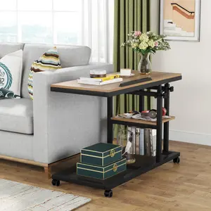 TRIBEWOOD Height Adjustable C Table with Wheels, Mobile Couch Snack Side Table with Tiltable Drawing Board, Sofa Bedside Laptop Stand C Shaped TV Tray with Storage Shelves