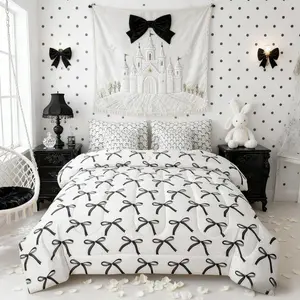 7 Pieces Cartoon Bowknot Kids Comforter,Bow Tie Geometric Patchwork Modern Girls Bedding Set,Bow Butterfly Knot Black White（Comforter+Fitted+Flat+2 Pillowcases+2 Throw Pillow Covers）