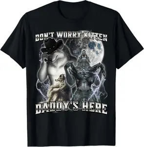 Men's Classic Soft Cotton Sports Top Garment - "Don't Worry Kitten Daddy's Here" Prints, Summer Casual Short-Sleeve Menswear