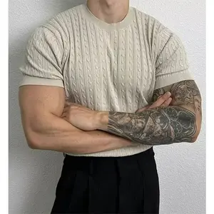 Men'S Cable Knit Short-Sleeved Sweater, Textured, British Business Style, Slim Fit, Shows Off Muscles, Ice Silk.