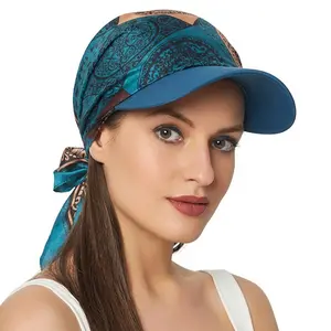 Women's Printed Turban Hat with Brim — Sun-Shading Swirl Turban, Head Wrap, Beach & Outdoor Headwear, Outdoor Sun-Visor Turban with Tie-Back Straps