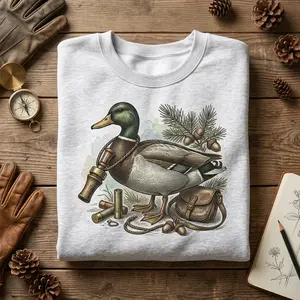 Women's Cotton Vintage Pullover Sweatshirt - Hunting Mallard Graphic, Duck Call, Rustic Gear Flatlay, "Talk Dirty to Ducks"