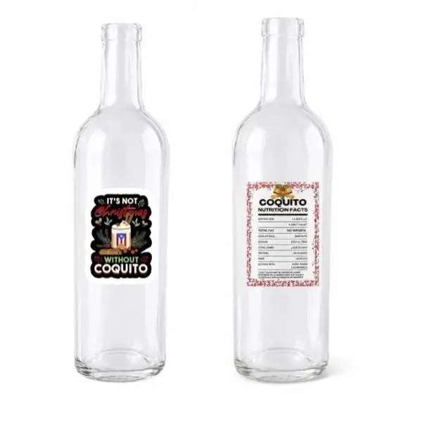 Coquito Bottle Label & Sticker Combo - 12 Festive Tropical Designs & 12 Nutrition Facts Labels for Holiday Gifts - Glossy Waterproof Vinyl - Perfect for Decorating Coquito Bottles