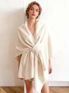 Elegant Fashion Shawl, Classic Pleated Design, Windproof Warm Shawl, Central Bow Detail, Stylish Casual Women's Clothing, Wrap, Scarf