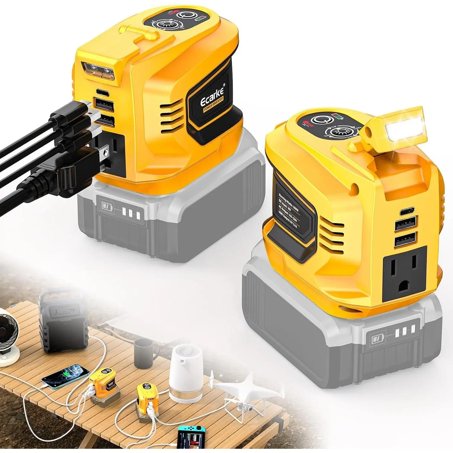 200W Portable Power Inverter  with DeWALT 20V Battery, DC 18V to AC 110V Power Station with 1 AC Outlet, 2 USB, 1 Type-C & LED Light,  Outdoor Emergency Use (No Battery)(2-Pack)