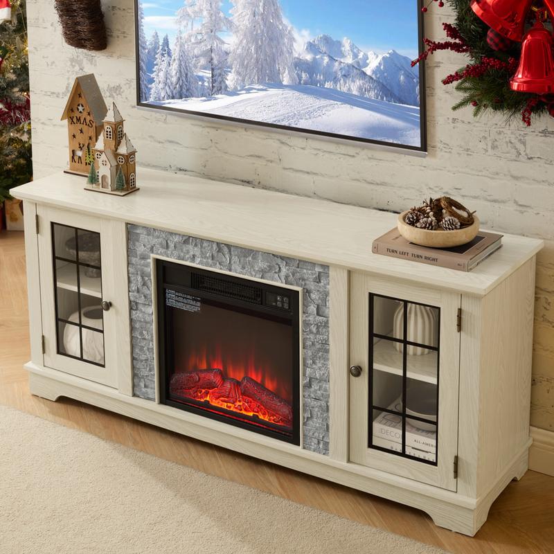 [Bellemave]58" Modern TV Stand with 2-Door Storage & 18" Electric Fireplace, Faux Stone Media Console Cabinet, White Large Entertainment Center for Living Room