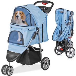 Pet Republic 3 Wheels Foldable Pet Stroller for Small Dog Max 33lbs W/Storage Basket, Blue