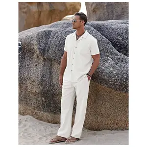 Men's 2-Piece Casual Linen-Look Shirt & Pants Set – Short Sleeve Button-Down Top with Matching Loose Trousers for Summer, Beach, Vacation & Daily Wear