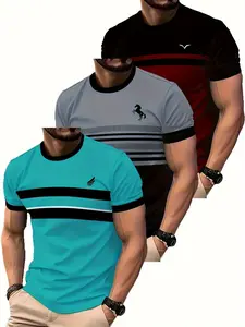 3pcs Men's Quick-Dry Breathable Moisture-Wicking T-Shirts - Suitable for Swimming, Gym & Daily Wear, Round Neck Short Sleeve Athletic Shirts with Striped Patterns, Machine Washable Regular Fit Suitable for Fitness, Swimming, Casual Wear