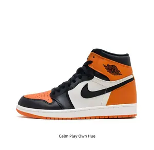 Bold Orange Accent High Top Leather Trainers Black White Contrast Upper Shock Absorbing Matching Orange Outsole Daily Walking Fashion Sneakers