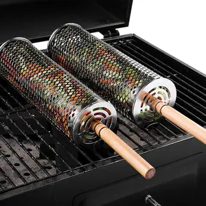 Grill Basket Set 2 Pack, Upgraded Version 304 Stainless Steel with Removable Wooden Handle, Rolling Grilling Net, BBQ Accessories Tools for Vegetables Shrimp, Camping, Gifts for Men Dad Husband