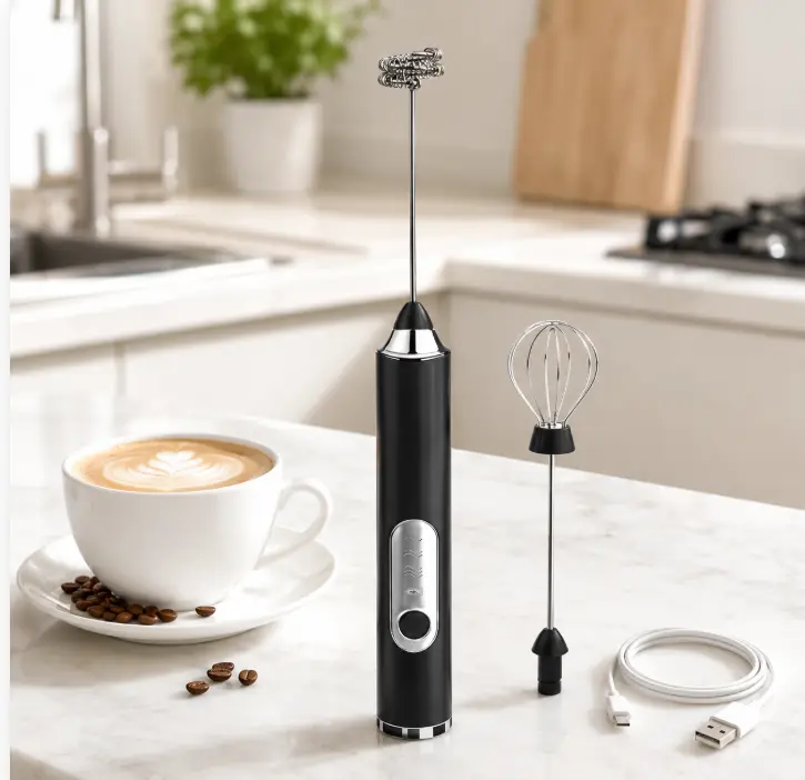 Handheld Milk Frother, Rechargeable Milk Frother, Coffee Mixer Wand, Black | Electric Drink Mixer with 2 Stainless Steel Whisks 3 Speeds, Frother Wand for Latte, Cappuccino, Matcha, Hot Chocolate, Egg