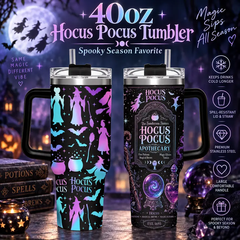 Halloween Tumbler, Hocus Pocus Apothecary Tumbler with Handle, Sanderson Sisters Magic Potion Design Cup, Spooky Halloween Travel Mug, Halloween Gift, Witchy Aesthetic Gift, 40oz Stainless Steel Tumbler