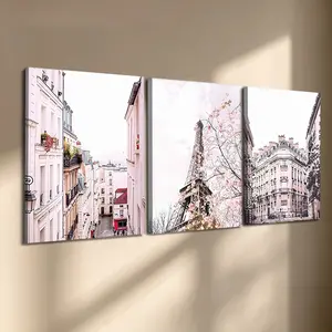 3 Pcs/Set Wooden-Framed Canvas Painting, Paris Cherry Blossom Triptych Canvas Wall Art, Pastel Eiffel Tower Print for Living Room, Bedroom, Office Decoration, Modern Home Decor, Fashion Artistic Ornaments, Artwork