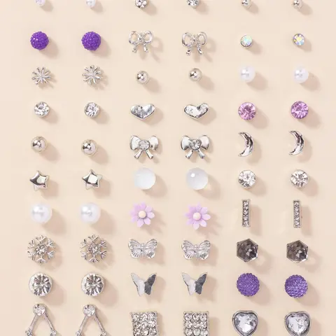 30 Pairs Fashion Elegant Heart Shape Design Earrings, Heart Shaped Earring, Rhinestone Faux Pearl Decor Earrings, Women Girls Jewelry Set for Party, Daily Clothing Decor, Stud Earrings