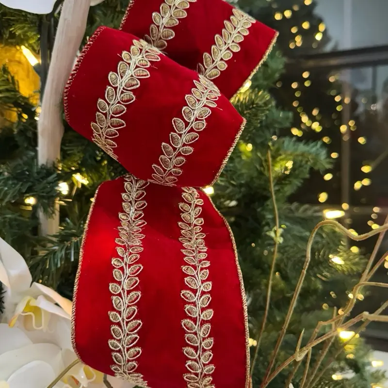 Christmas Velvet Ribbons with embroidery 4” x 5  yards