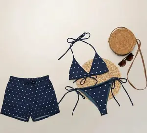 Sweetheart Vibes Navy Blue Couple Swimwear – Matching Bikini & Swim Shorts Set, Romantic His & Hers Beach Vacation Outfit