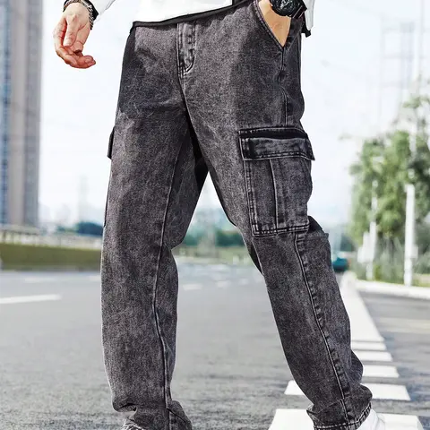Men's Solid Flap Pocket Cargo Jeans, Loose Casual Streetwear Street Fashion Denim Pants for Daily Wear, Men's Plain Denim Trousers for All Seasons Denim Clothing