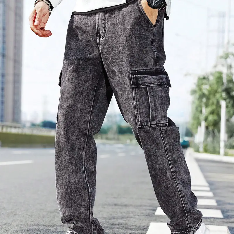 Men's Solid Flap Pocket Cargo Jeans, Loose Casual Streetwear Street Fashion Denim Pants for Daily Wear, Men's Plain Denim Trousers for All Seasons Denim Clothing