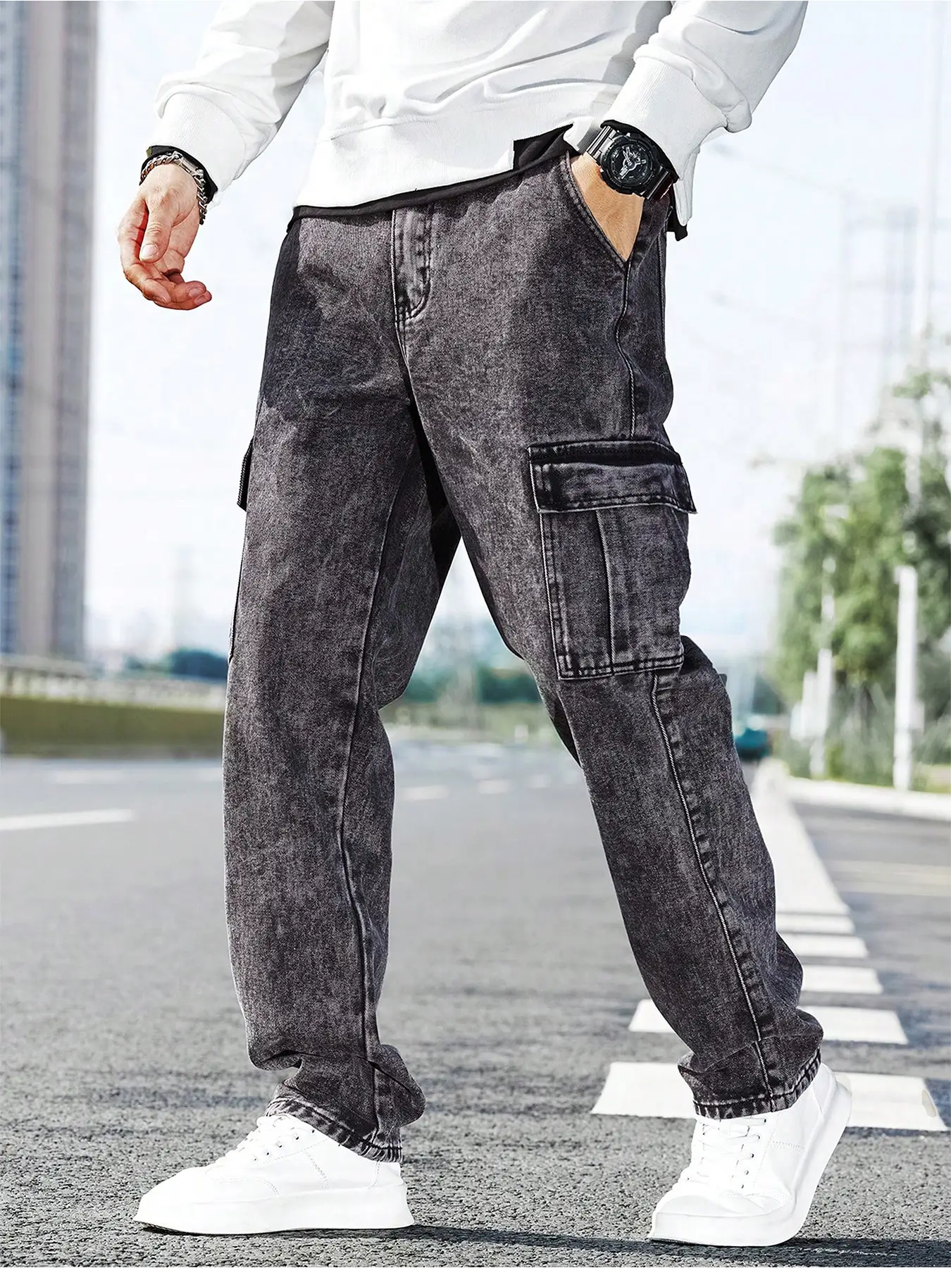 Men's Solid Flap Pocket Cargo Jeans, Loose Casual Street Fashion Denim Pants for Daily Wear, Men's Trousers for All Seasons