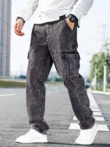 men's solid flap pocket cargo jeans, loose casual street fashion denim pants for daily wear, men's trousers for all seasons, cotton, baggy jeans, menswear, streetwear relaxed jeans, jean pants bottoms, western relax jeans