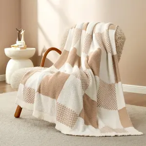 Checkered Blanket, Beige Throw Blanket for Couch Plaid Microfiber Fluffy Warm Cozy Fuzzy Soft Throw Blanket Reversible Checkerered Blankets for Sofa, Chair, Bed, 50x60 inches