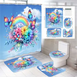 4pcs Whimsical Rainbow & Butterfly Bathroom Set, Colorful Shower Curtain, The floor mat fabric is thicker and softer! Multicolored Flower Design, Bath Mats & Toilet Seat Cover