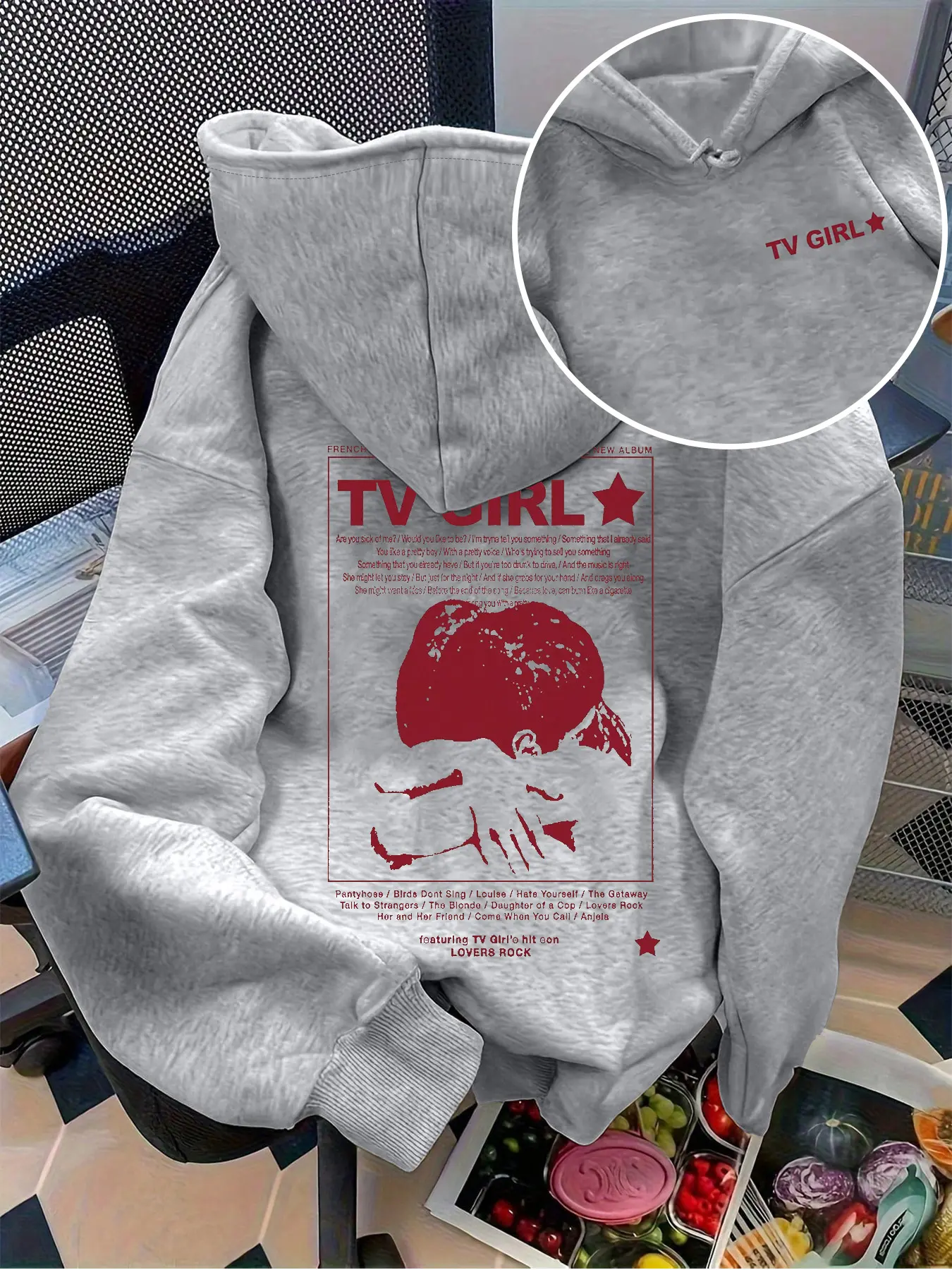 Men's TV Girl Band Merch Graphic Hoodie with Red Print Design Featuring Album Lyrics, Soft Regular Fit Casual Pull On Long Sleeve Top, for Music Lovers and Indie Fans Sweatshirts