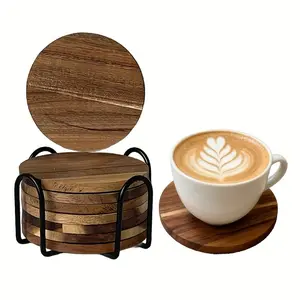 8 Acacia Wood Cup Coasters with Stands, Modern Drink Coasters for Coffee Table Decor, Protects Surfaces, Handmade Outdoor Rustic Decoration, Wooden Coasters, 10cm/3.93in Diameter